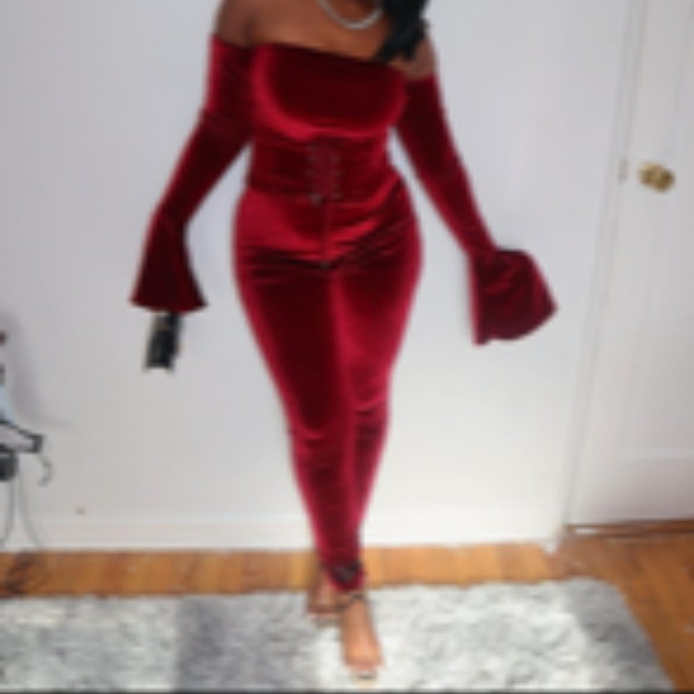 Burgundy Long Sleeve Off the Shoulder Velvet Jumpsuit